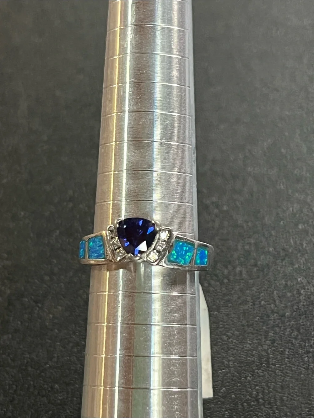 Sterling silver ring with blue center stone and opal inlay. Cz accents. Sz 8 New